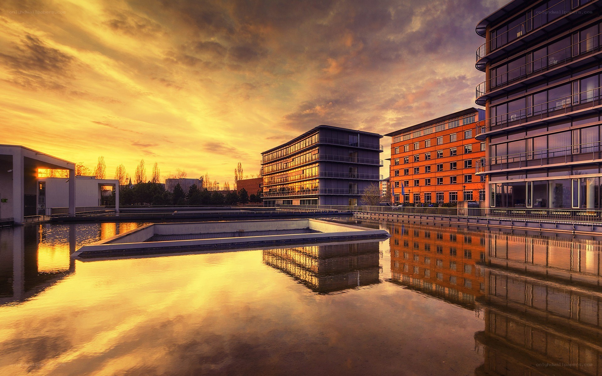 Modern buildings at sunset