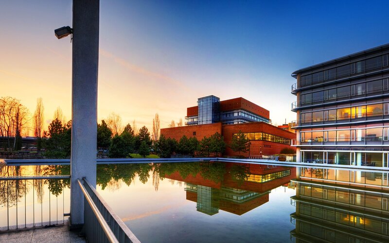 Modern buildings at sunset