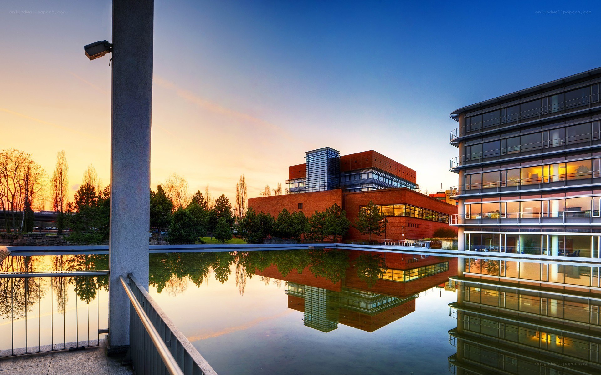 Modern buildings at sunset