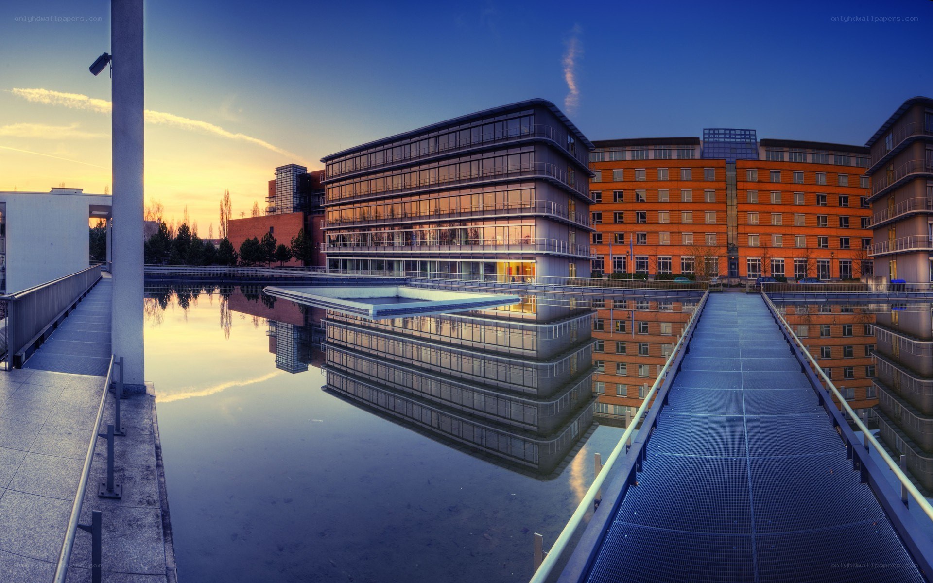 Modern buildings at sunset