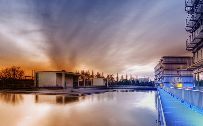 Modern buildings at sunset