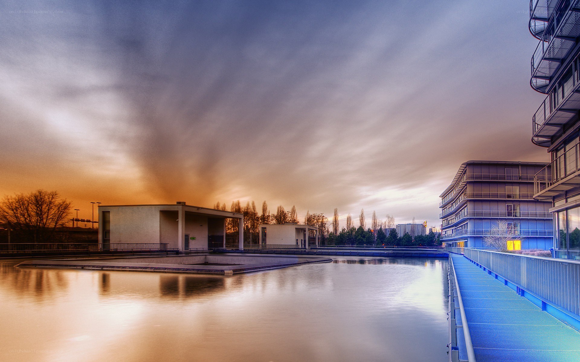 Modern buildings at sunset