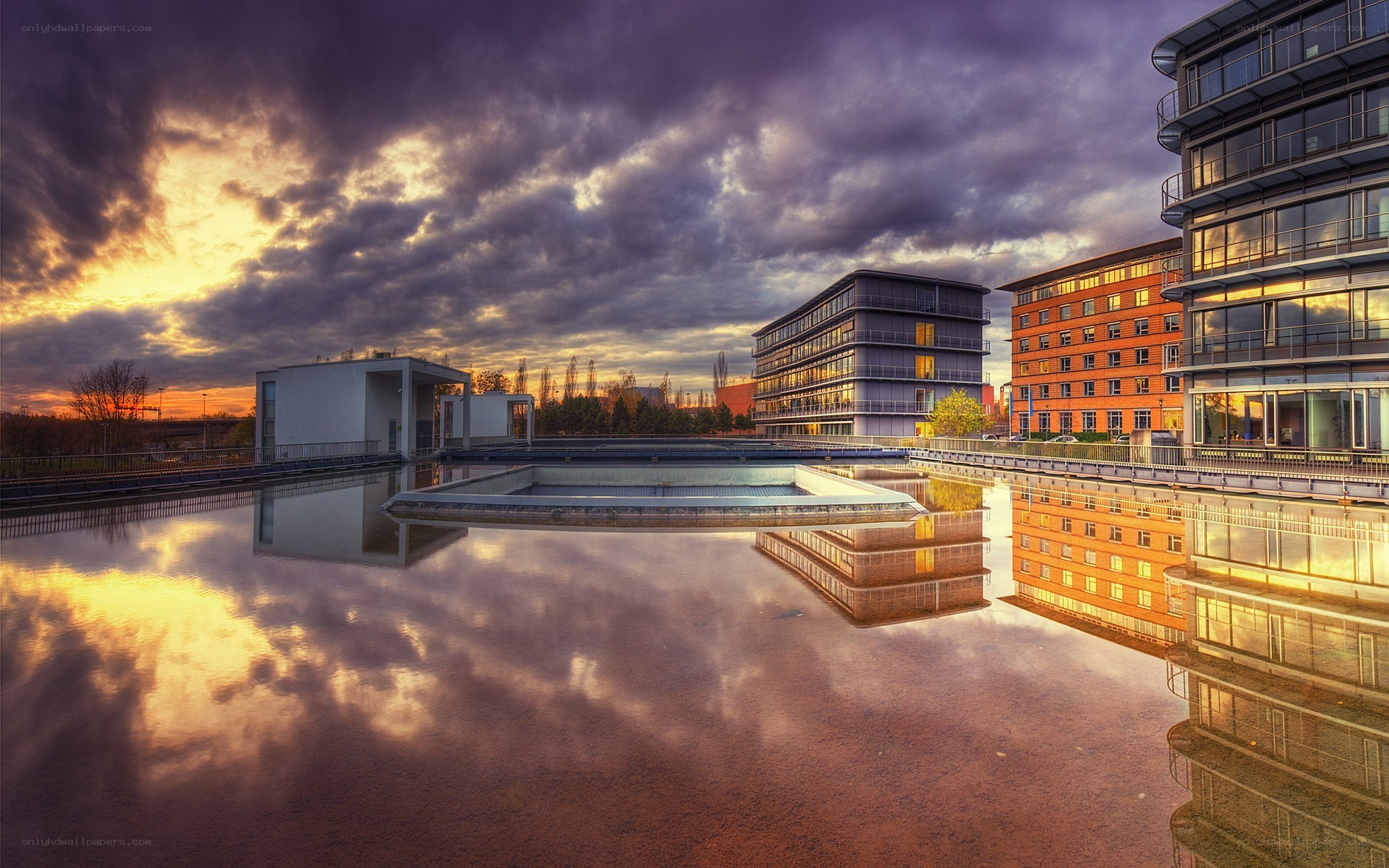 Modern buildings at sunset