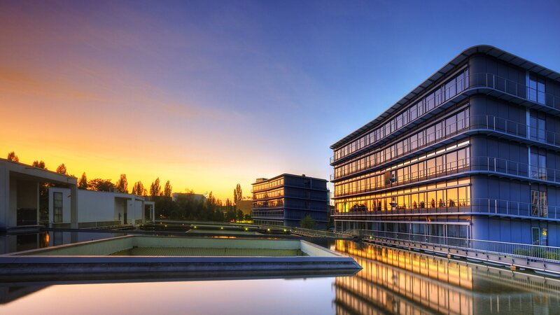 Modern Buildings at Sunset — Blue, Serene