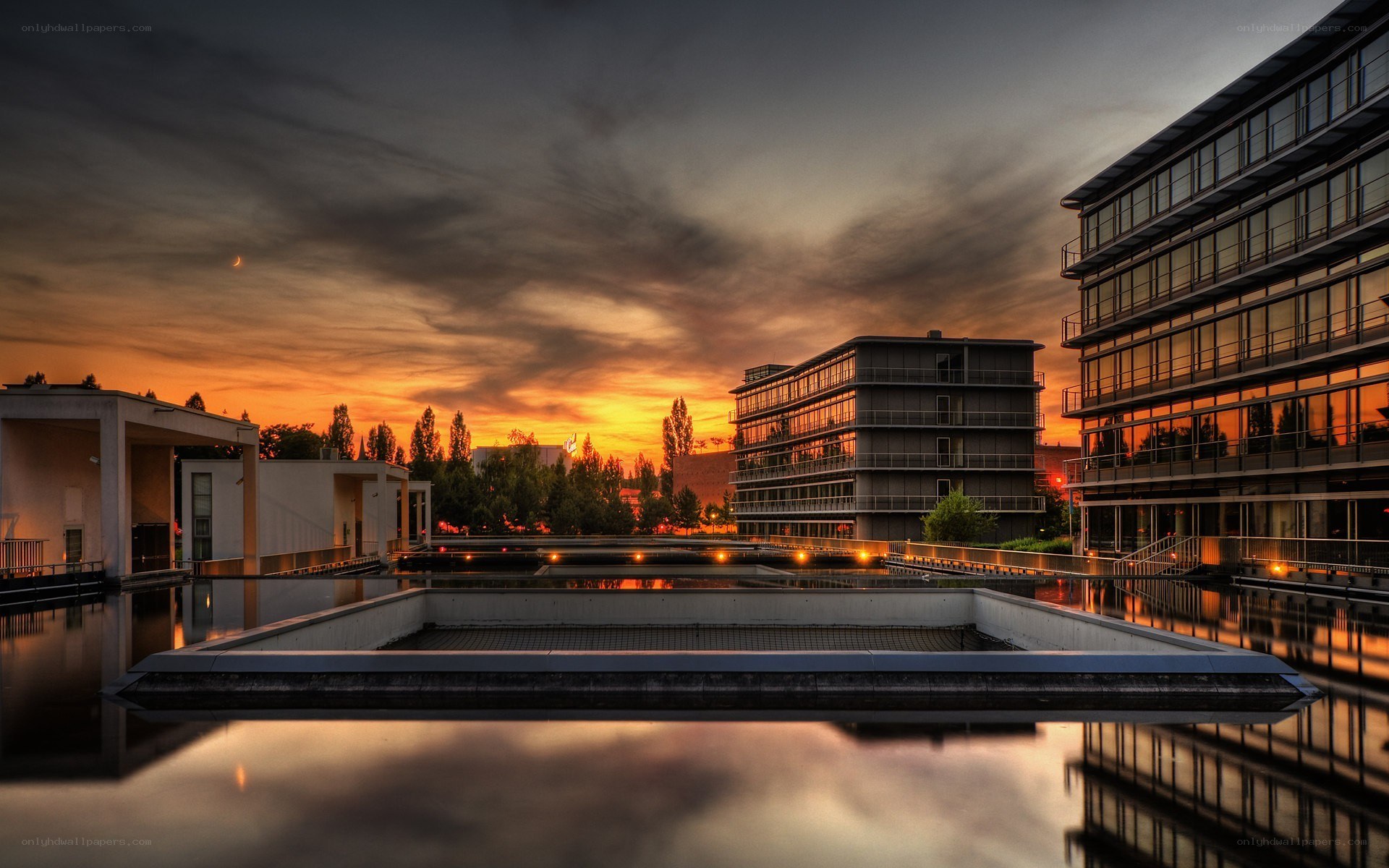 Modern buildings at sunset