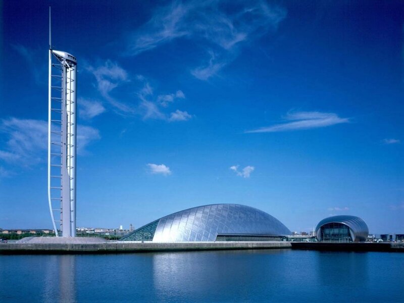 modern buildings by the water
