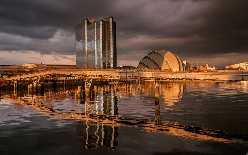 Modern Buildings by Water — Gray, Dramatic