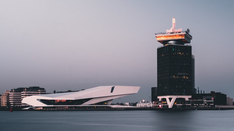 Modern Buildings by Water — Gray, Serene