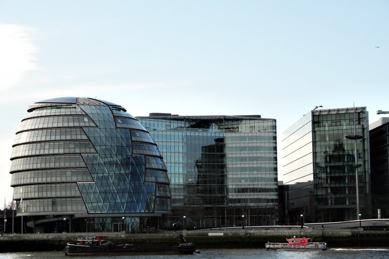 modern buildings on riverbank