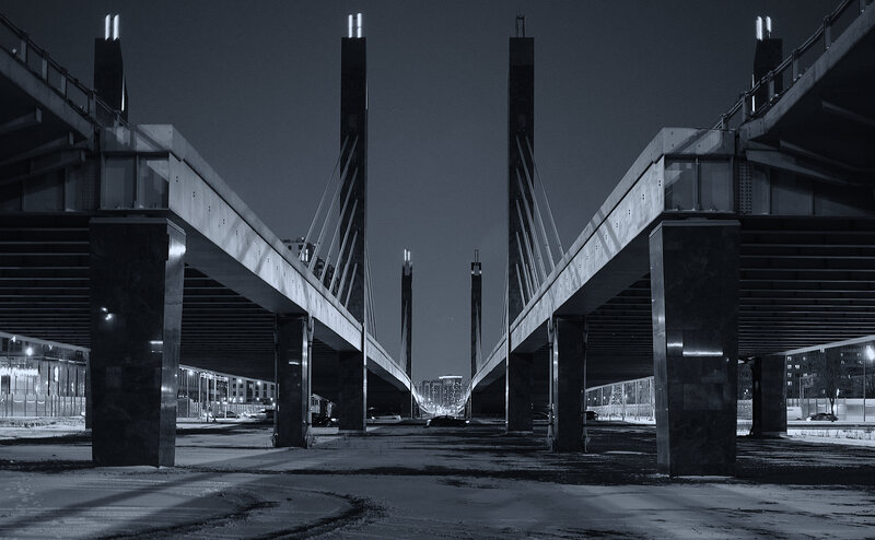 Modern Cable-stayed Bridge — Black, Dramatic, Night, Photograph, Pilars