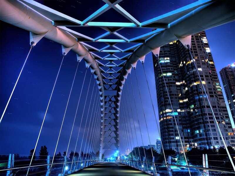 Modern Cable-stayed Bridge — Blue, Dramatic, Night, Photograph