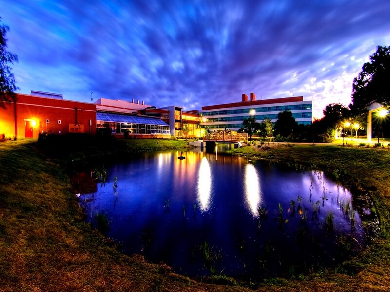 Modern campus at twilight