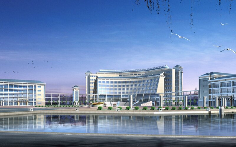modern campus building with pond