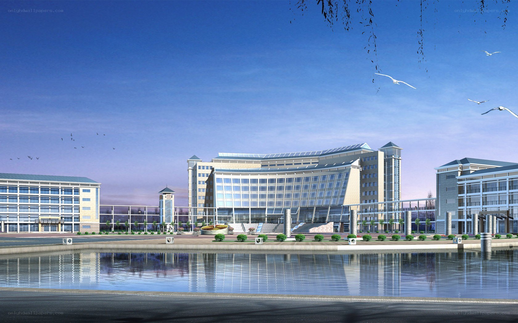 modern campus building with pond