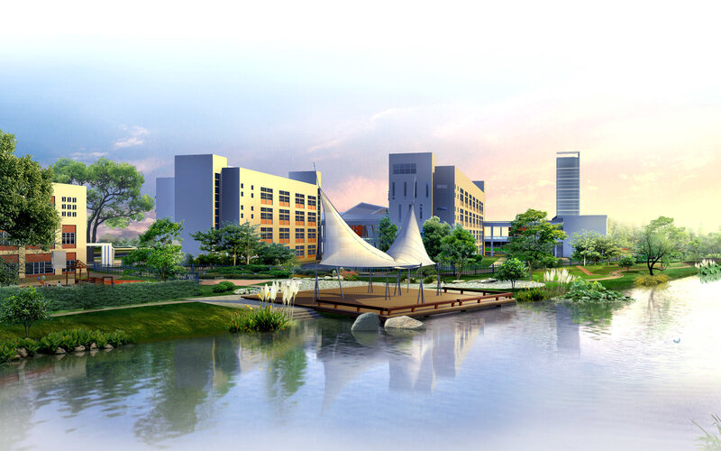 Modern campus with lake and pavilion