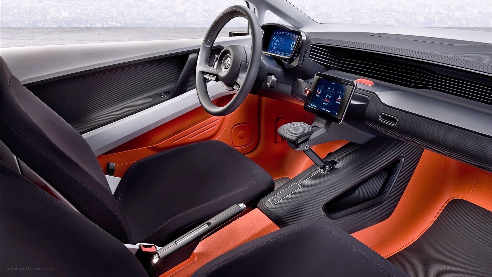 modern car interior with orange accents