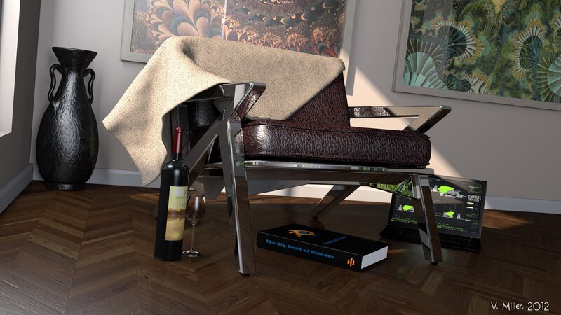 Modern chair with wine and book