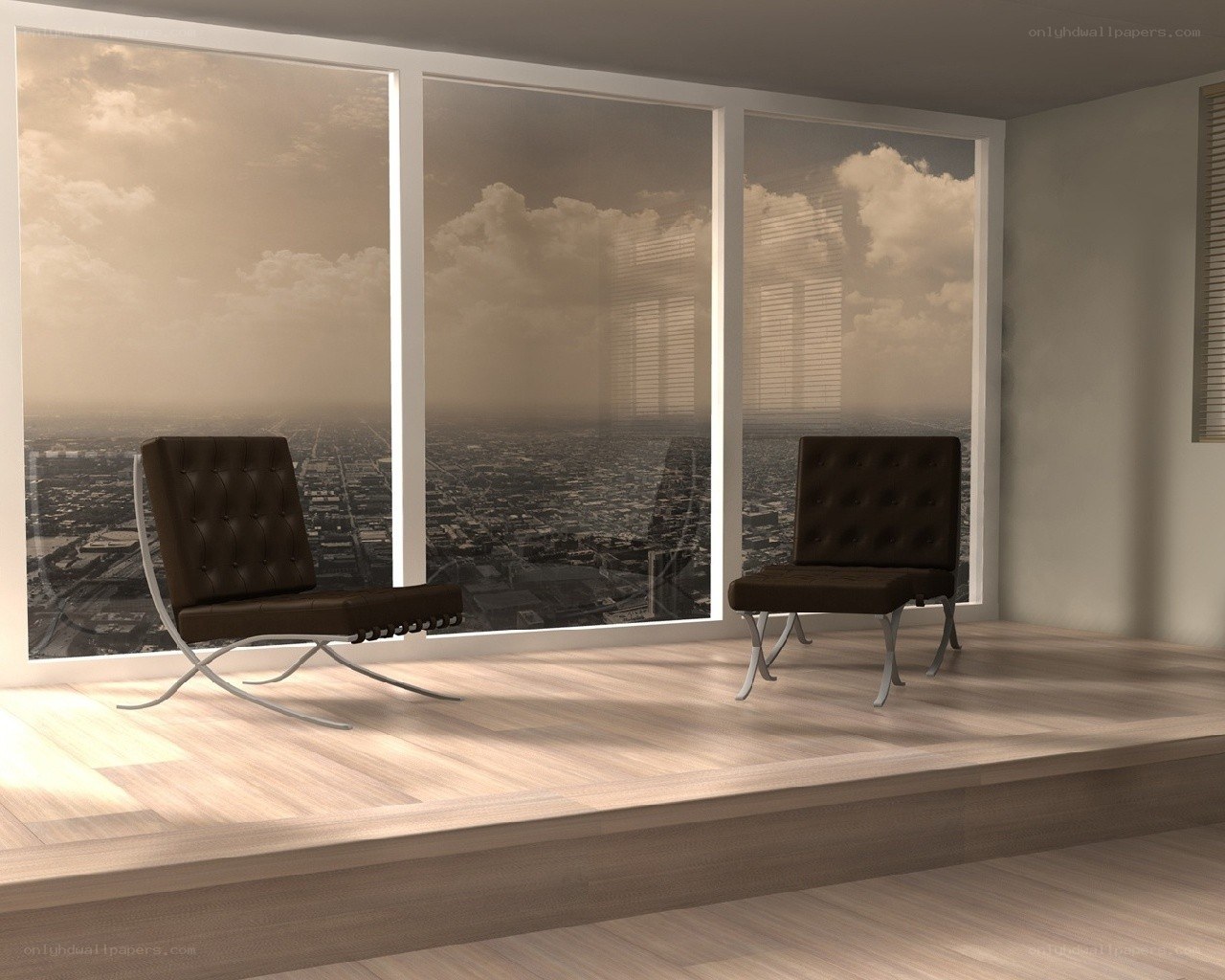 Modern chairs by a city window