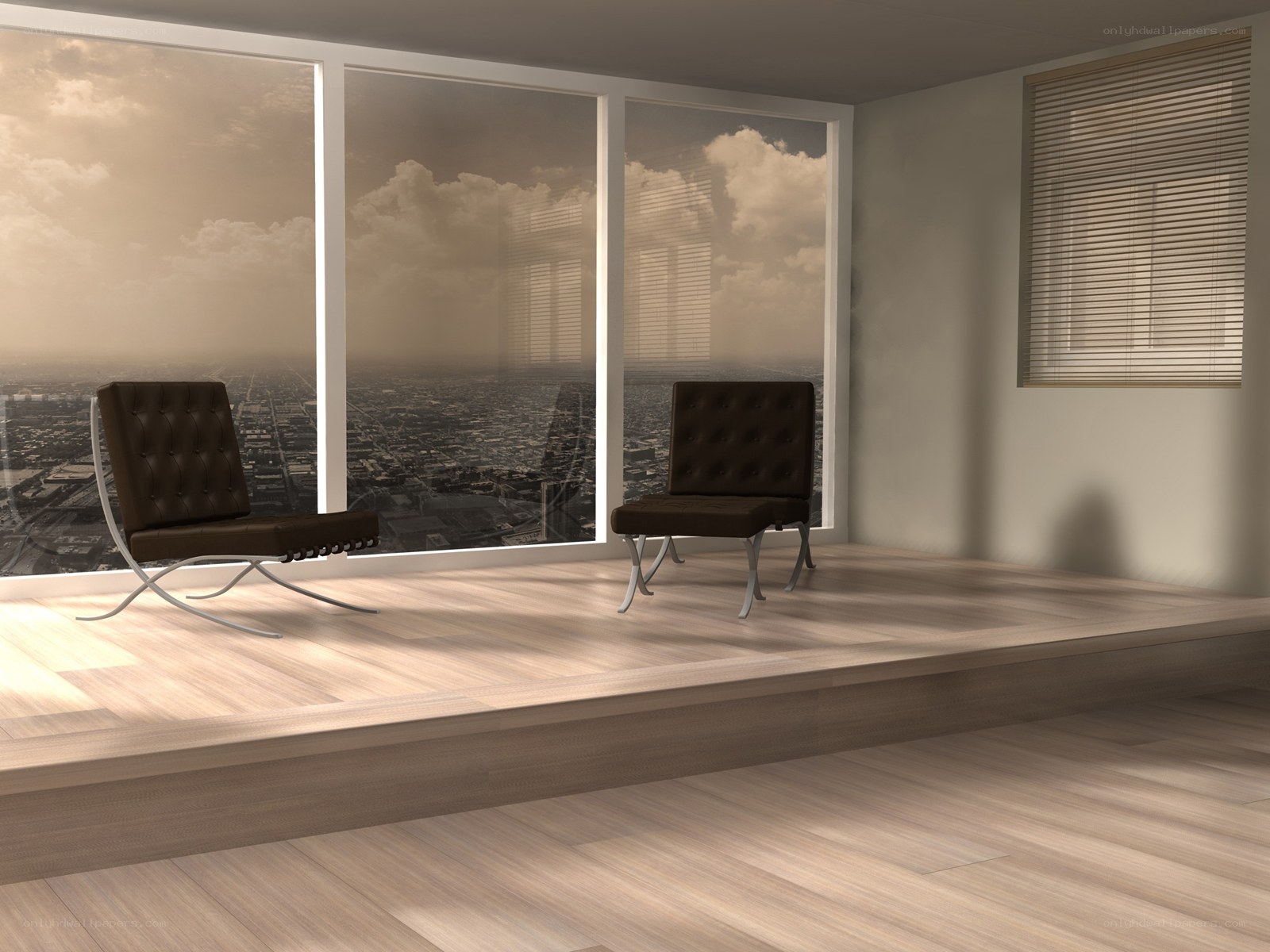 Modern chairs by a city window