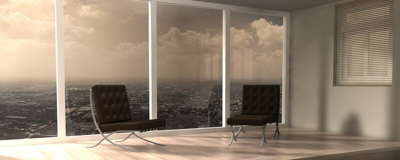 Modern chairs in city view