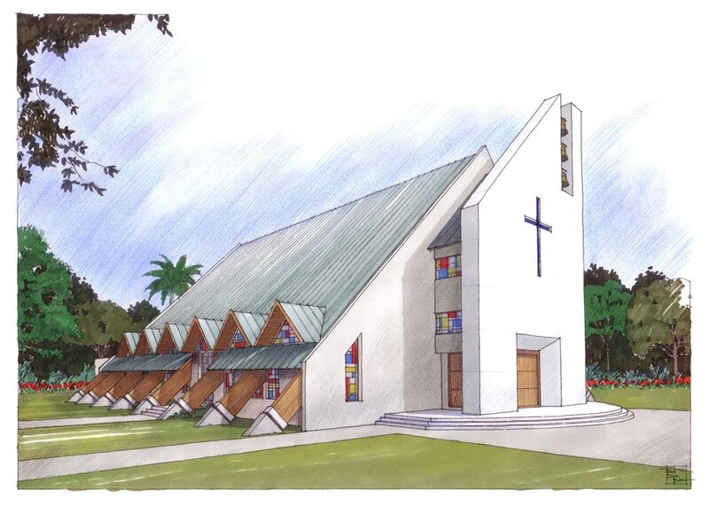 Modern church architectural rendering