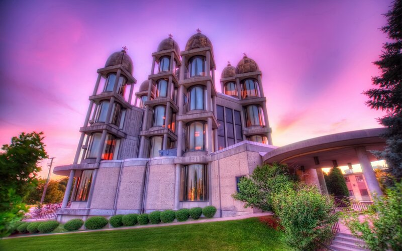 Modern church at sunset