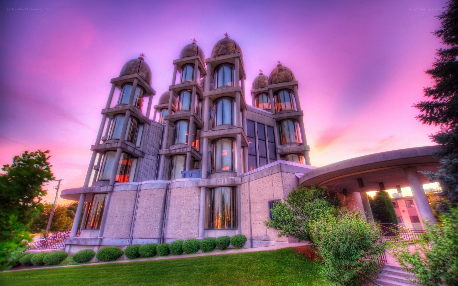 Modern church at sunset