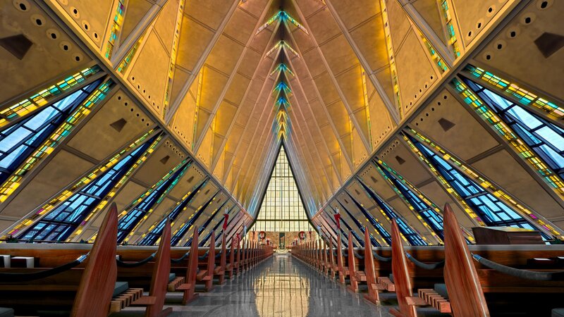 modern church interior with stained glass