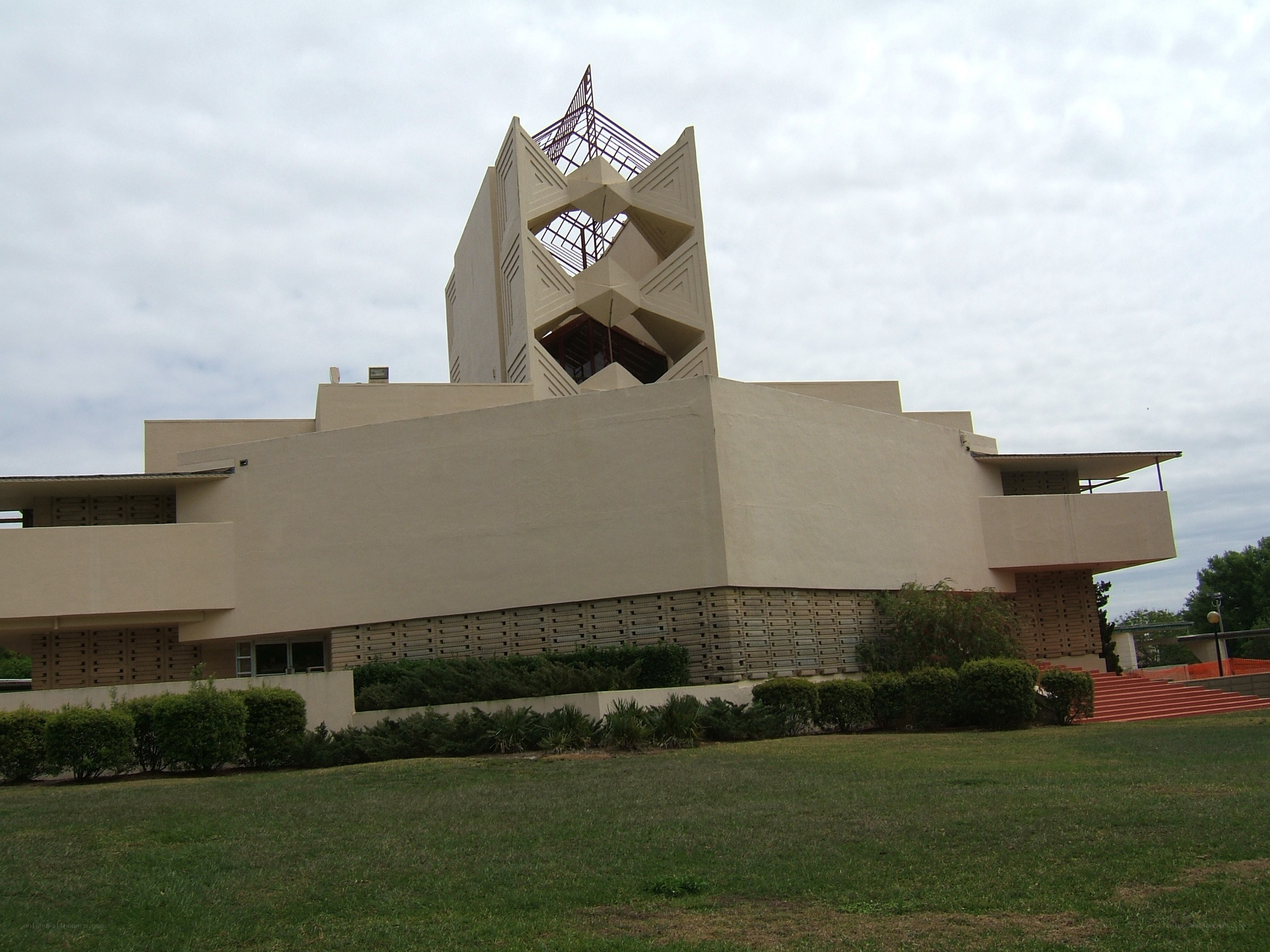 modern church with geometric tower