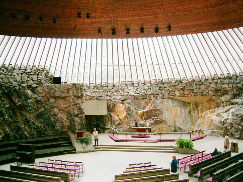 Modern church with stone walls