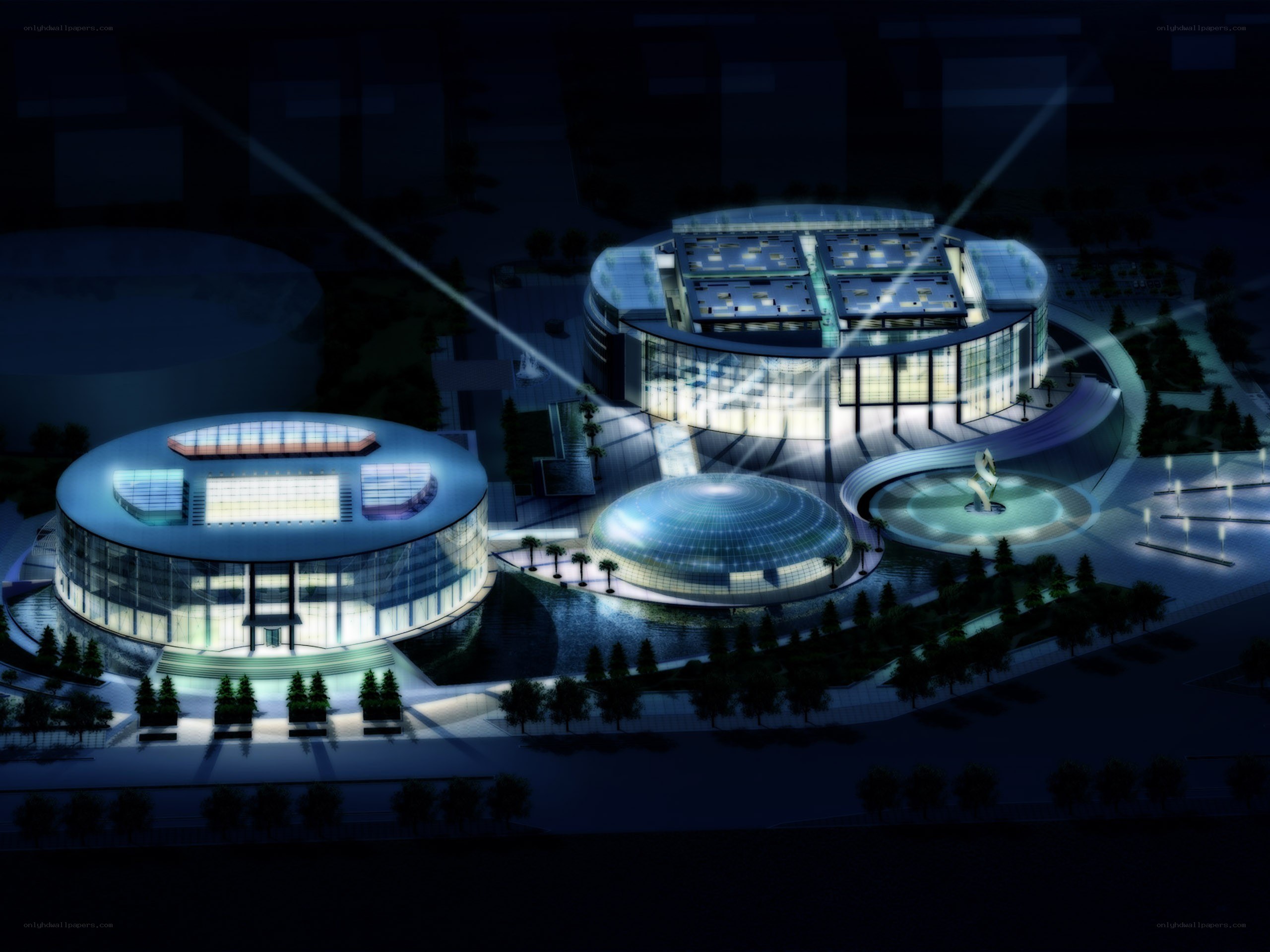 modern circular buildings at night