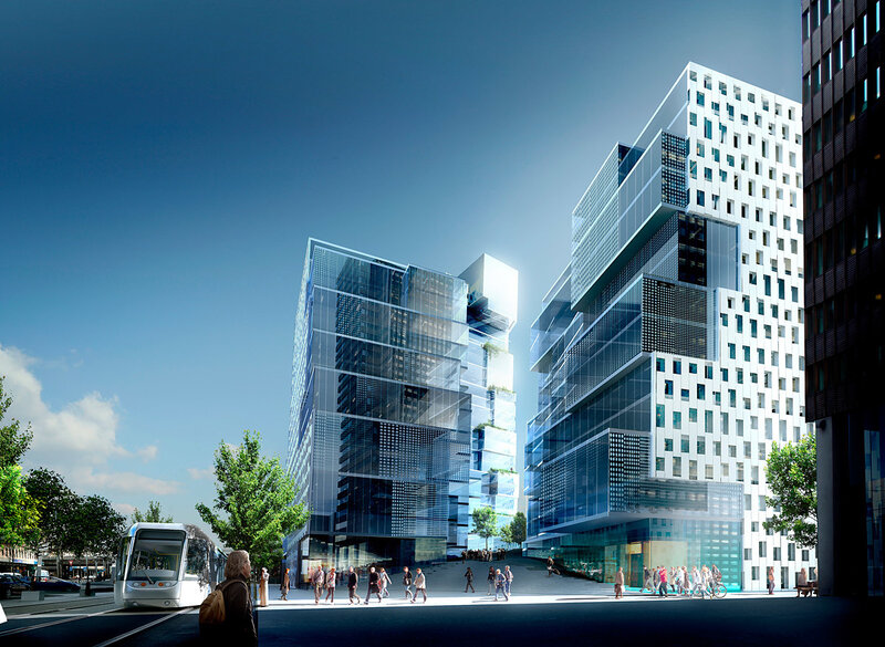 Modern city buildings and tram