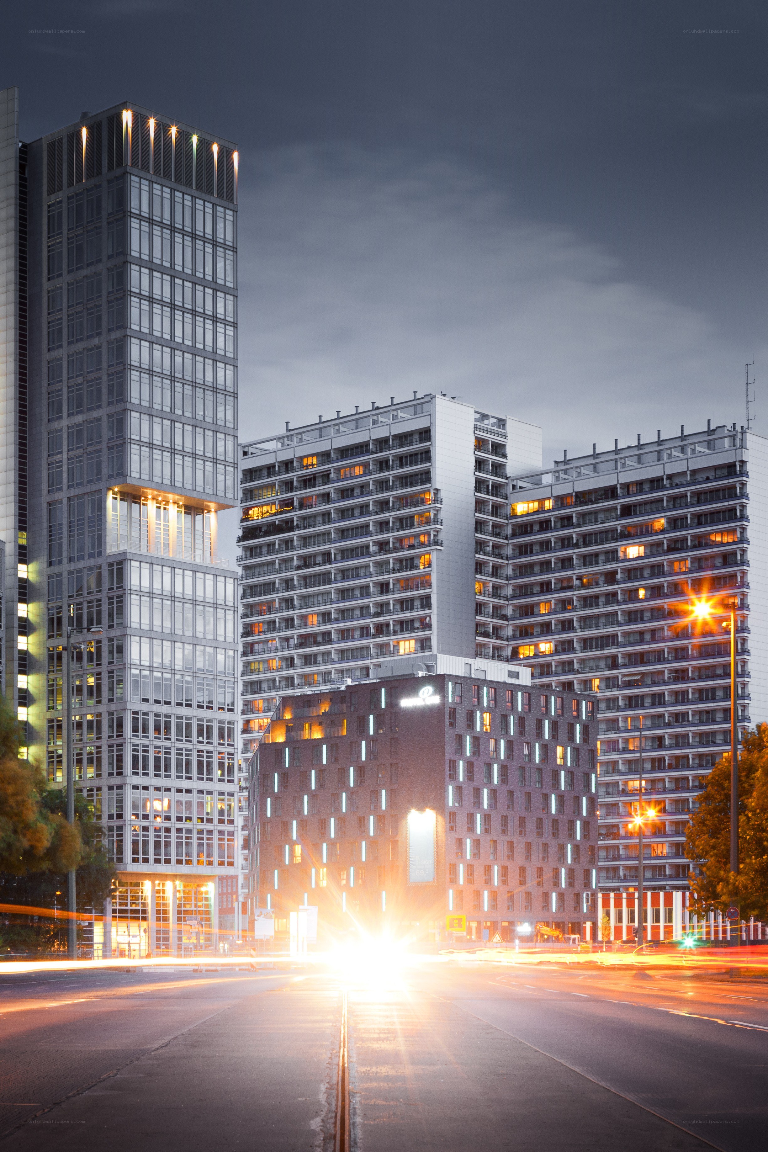 Modern city buildings at dusk