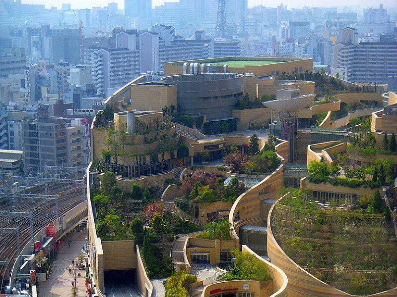 Modern city complex with green roofs