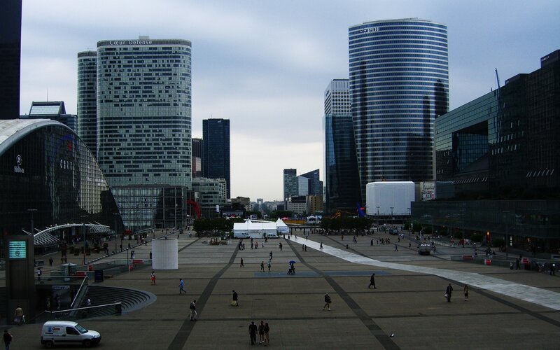 Modern city plaza with skyscrapers