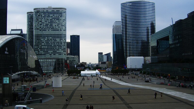 modern city plaza with skyscrapers