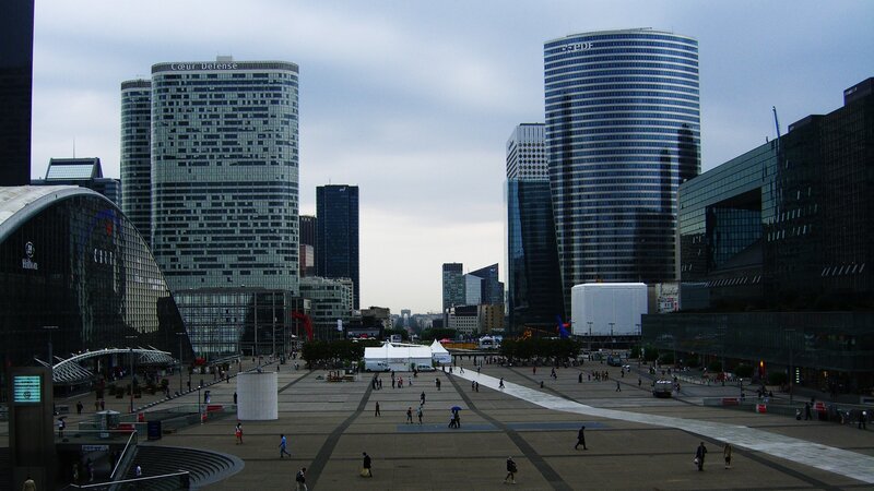 Modern city plaza with skyscrapers