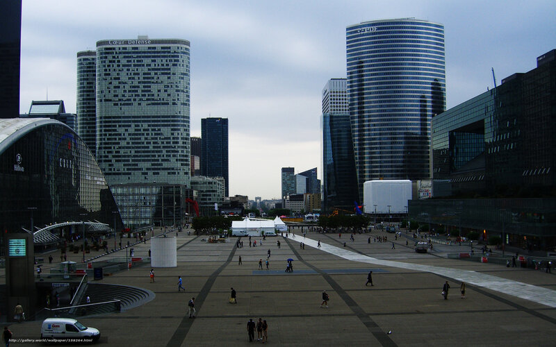 Modern city plaza with skyscrapers