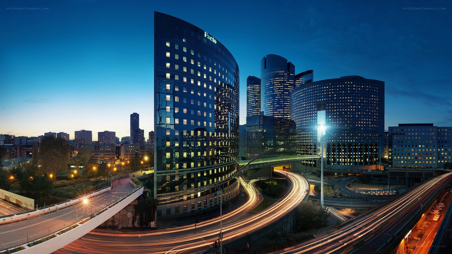modern city skyline at dusk