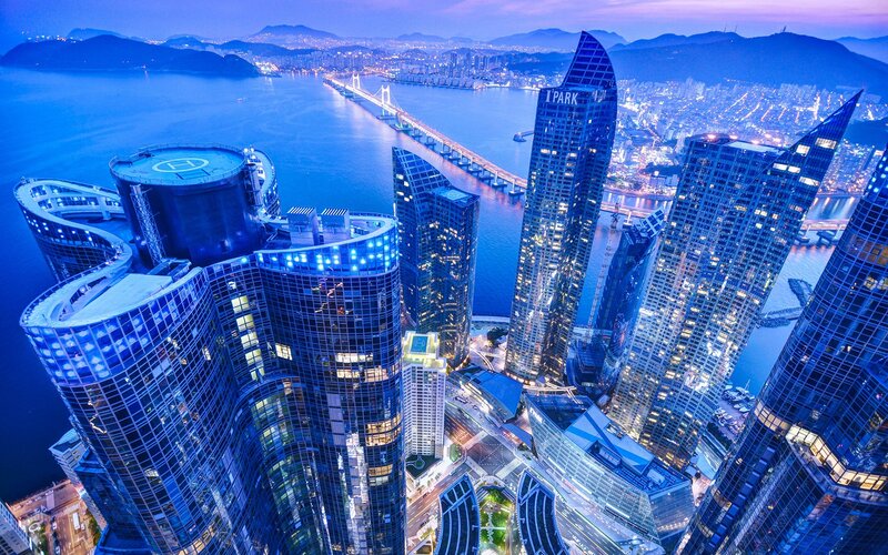 modern city skyline at dusk