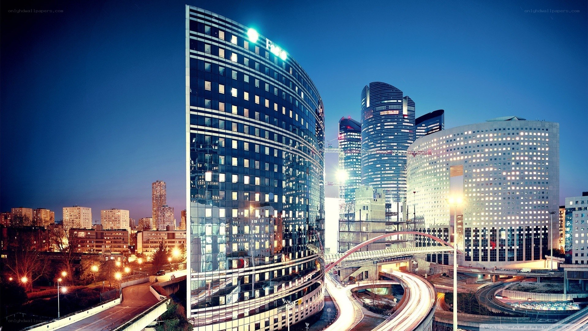 modern city skyline at dusk