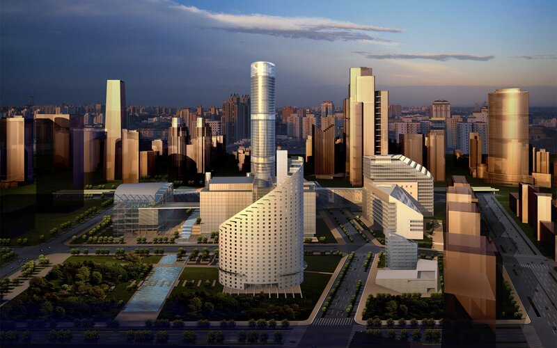 modern city skyline at dusk