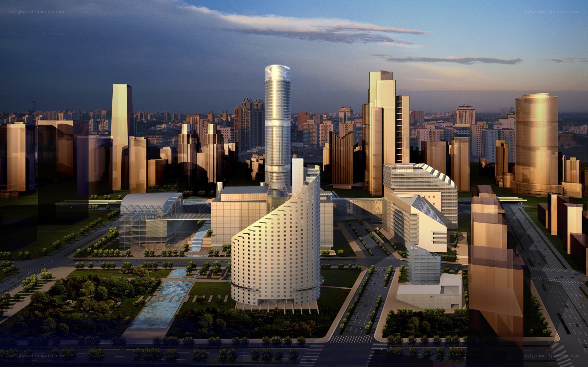 modern city skyline at dusk