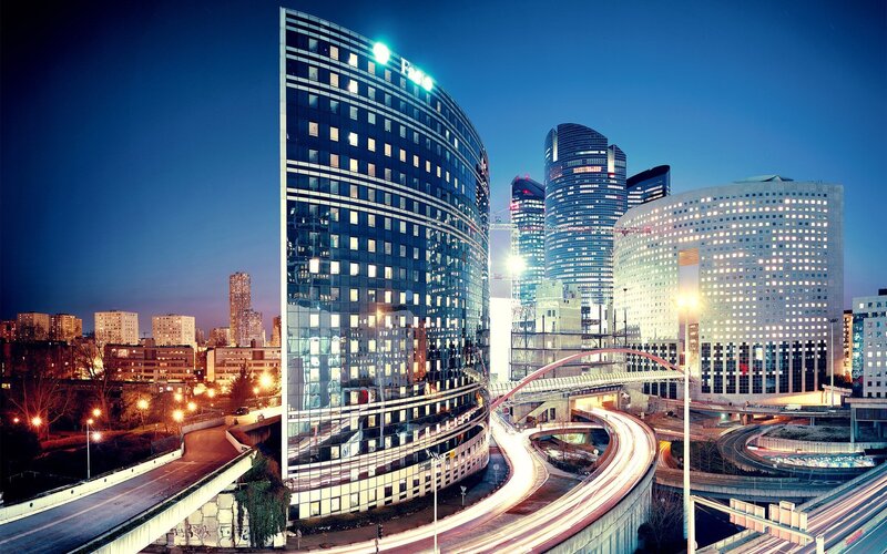 modern city skyline at dusk