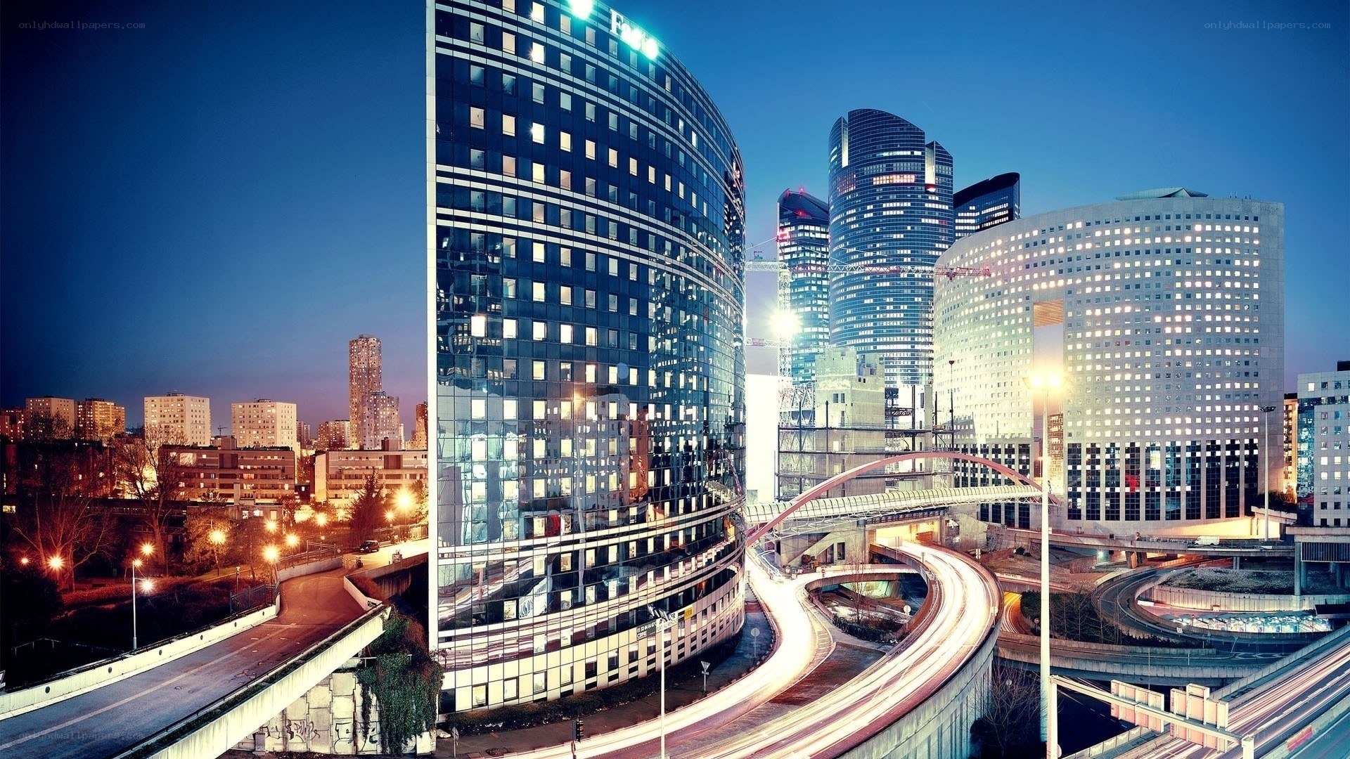 modern city skyline at dusk
