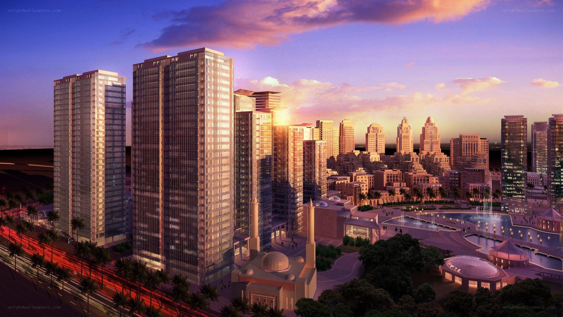 modern city skyline at sunset