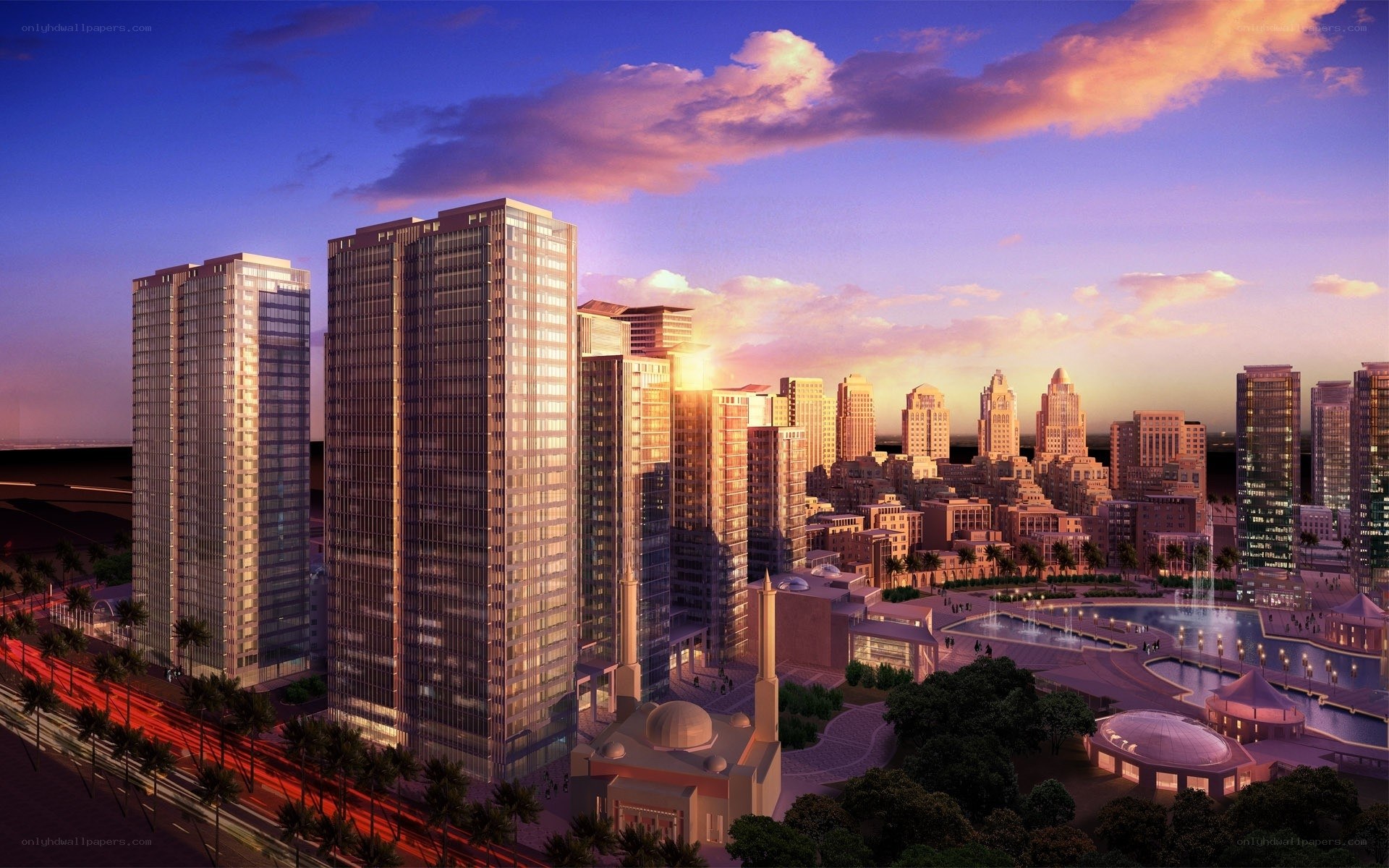 modern city skyline at sunset