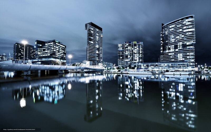Modern City Skyline — Blue, Dramatic, Night, Photograph, Skyscrapers, Bridge, Marina