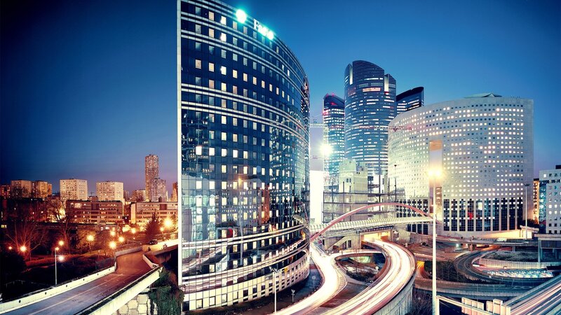 Modern City Skyline — Blue, Dramatic, Night, Photograph, Skyscrapers, Highway, Bridge, Black