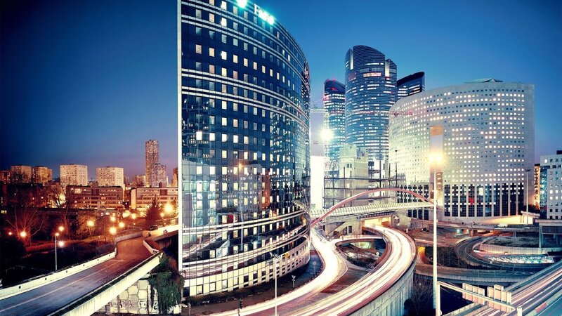 Modern City Skyline — Blue, Dramatic, Night, Photograph, Skyscrapers, Highway, Bridge, Black, White